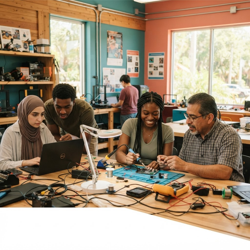 Neighbors learning and building together in a community makerspace